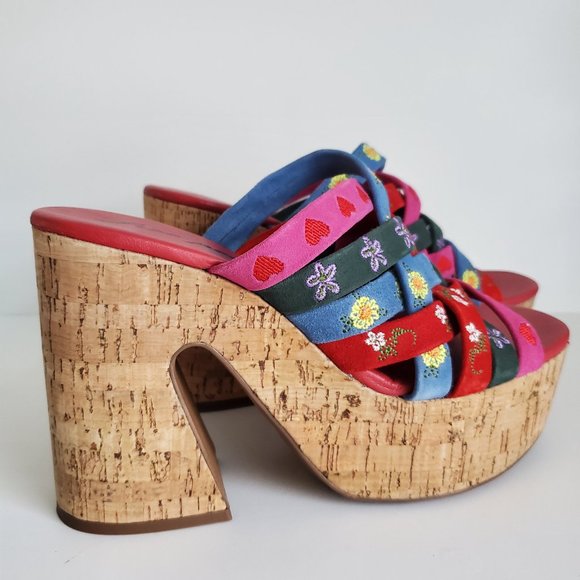 FREE PEOPLE Embroidered Woven  Leather Platform Slip Ons Cork Wedges Boho Mules - Picture 6 of 10